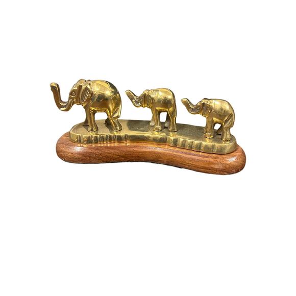 Vintage Three Brass Elephant Trunks Up On A Wood Base Figurine Made In India - Picture 1 of 5